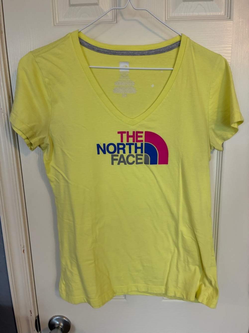 The North Face Women's Bright Yellow V-Neck Tee with Multicolor Logo